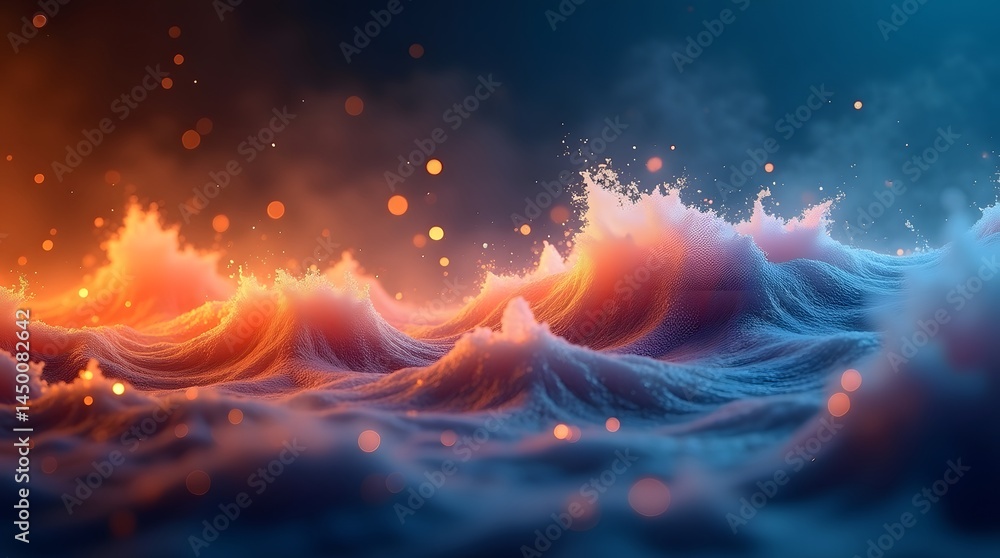 Poster a mesmerizing view of vibrant ocean waves illuminated by warm and cool tones, creating a dramatic an