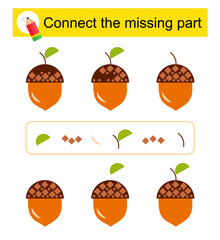 Connect the missing part. Attention task for kids. Cartoon acorn.