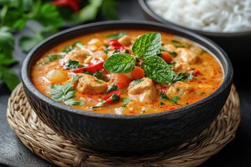 Delicious Bowl of Spicy Chicken Curry with Fresh Herbs and Rice