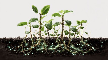 Artistic representation of microbe interacting plant root soil enhancing nutrient absorption protecting plant glowing microbial activity visible around roots clean design pure white background no text