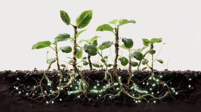 Artistic representation of microbe interacting plant root soil enhancing nutrient absorption protecting plant glowing microbial activity visible around roots clean design pure white background no text