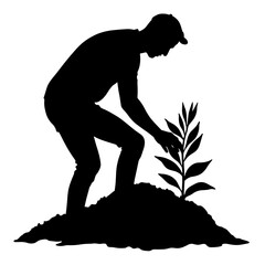 Fototapeta premium Silhouette of gardener planting roots in soil, nurturing growth