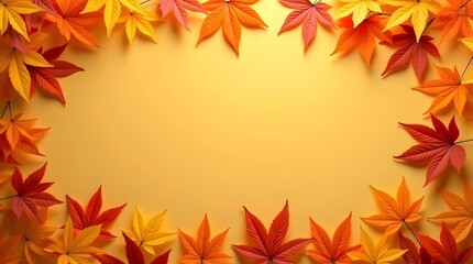 A vibrant arrangement of autumn leaves in shades of orange and red against a warm yellow background.