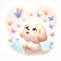 Cute puppy joyfully playing with butterflies in a colorful garden  