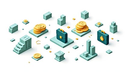 A vibrant 3D illustration featuring turquoise buildings and stacks of gold coins, representing finance and investment themes.