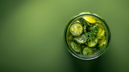 Top view of a glass jar filled with pickled cucumbers, fresh dill, and brine, placed on a green background with a minimalist composition.