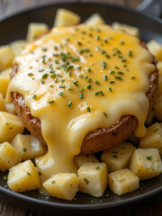 Delicious traditional Swiss melted raclette cheese on diced boiled or baked potato.