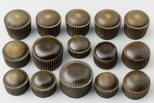 Set of fifteen dark-brown, ribbed, dome-shaped knobs