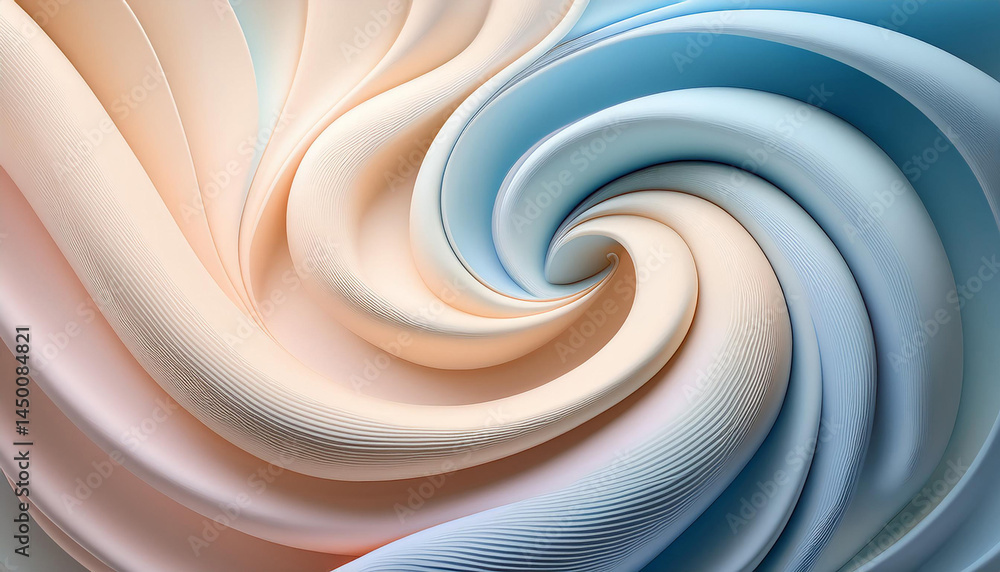 Poster soft blue and beige colors swirl in a round pattern. wavy lines curve toward the center. abstract ar