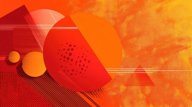 Abstract geometric composition in warm tones with halftone texture and circle shapes creating a dynamic vector graphic design element
