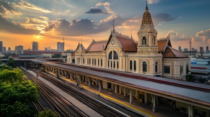 Obraz premium Historical architecture of Hua Lamphong Railway Station, Bangkok, Thailand