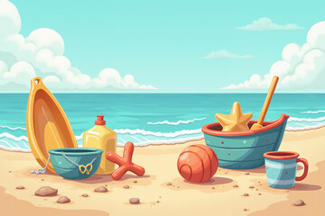 cartoon beach accessories on the seashore