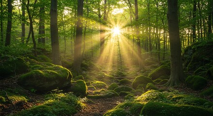 Obraz premium Golden sunbeams filtering through lush forest foliage 