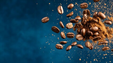 A detailed macro shot of coffee beans scattering in dynamic motion, highlighting their rich texture, earthy tones, and aromatic essence.