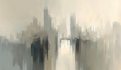 Abstract cityscape, muted tones,  blurred lines.  Modern architecture,  impressionistic style,  foggy atmosphere