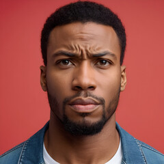 Obraz premium Ugh how disgusting! Displeased Young African American handsome man standing against red background, has dissatisfied facial expression as sees something abominable.