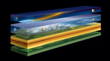 Detailed layers of earths atmosphere and surface cross section for educational and scientific visualization