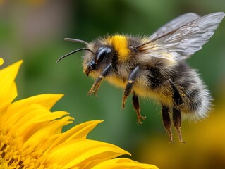 Bumble bee in flight near a sunflower