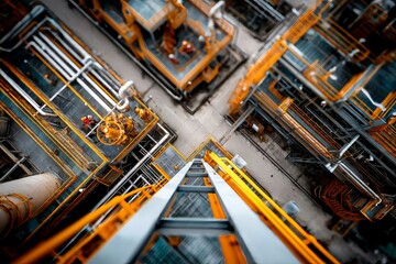Aerial View of Industrial Equipment and Pipelines in Manufacturing Plant
