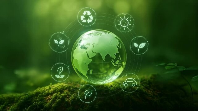 A Glowing Glass Sphere Representing Earth Surrounded by Eco-Friendly Icons: Sun, Recycling, CO2, Plants, Electric Vehicles, Illustrating Sustainable Practices