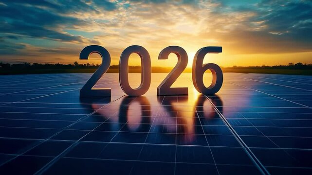 A Stunning Sunset Over Solar Panels Featuring the Year 2026, Symbolizing Progress and Sustainability in Renewable Energy Solutions