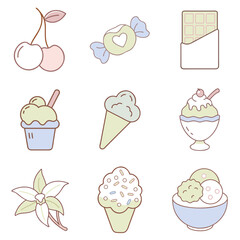 Sweet dessert icons featuring ice cream and candies in pastel colors