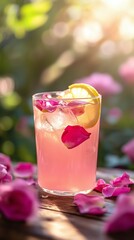 Sunlit Rose Petal Lemonade on Rustic Wooden Table