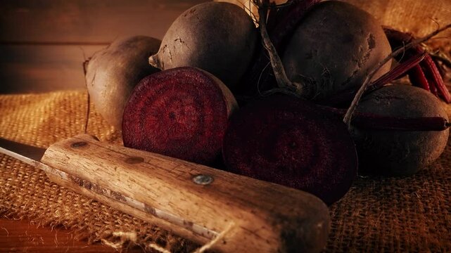 Sliced beetroot warm rustic backdrop presentation stock footage