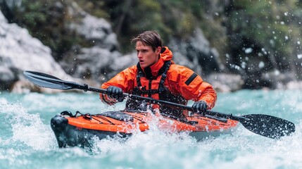 Young man kayaking in wild river rapids wearing orange waterproof jacket and life vest, intense outdoor adventure action scene with water splashes and focus on extreme sport.