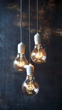 Three clear light bulbs with glowing filaments hang against a dark textured wall