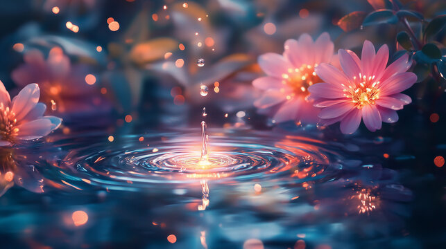 Clear water swirl ripple surface with blooming cherry blossom sakura on dreamy scenery background.	
