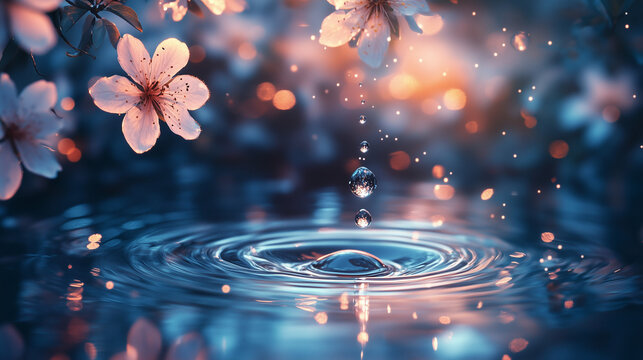 Clear water swirl ripple surface with blooming cherry blossom sakura on dreamy scenery background.	