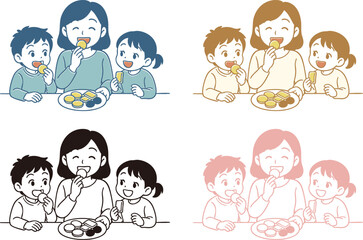 お菓子を食べるファミリーのイラスト