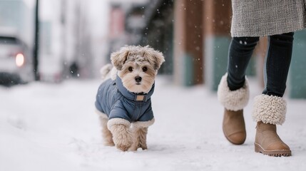 Cute small dog in a stylish winter coat walking in snow with owner. Pet fashion, warm clothing for dogs, cold weather protection, urban winter scene, modern dogwear design.