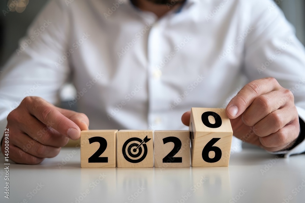 Poster close-up view of hands arranging wooden blocks displaying the year 2026.