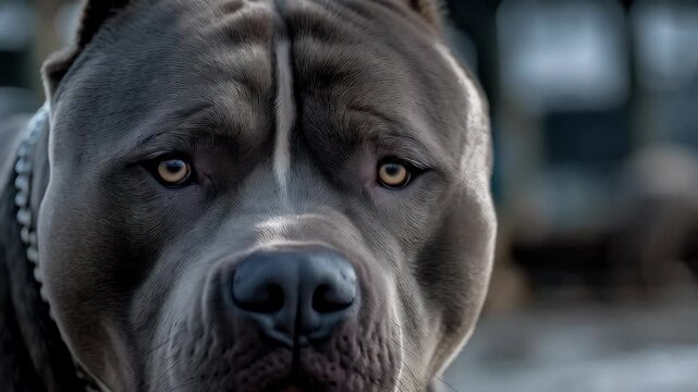 A majestic gray pitbull gazes intently, captured in a close-up portrait with its distinctive chain and blurred background, showcasing its powerful presence.