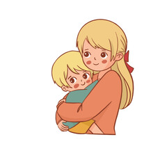 a kid hugging a mother in retro color for mother's day event