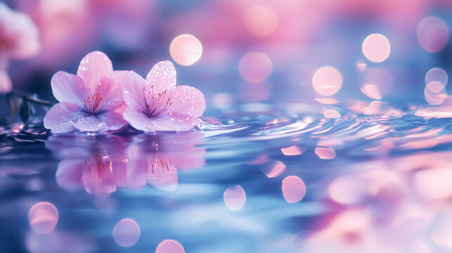 Clear water swirl ripple surface with blooming cherry blossom sakura on dreamy scenery background.	