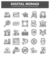 Digital Nomad Icons: 25 Essential Line Art Graphics for Remote Workers