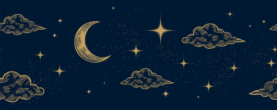 Starry night sky horizontal seamless pattern background. Bright golden moon, stars and clouds wallpaper. Horizontal Space backdrop. Dark Sky with shiny stars. Vector Illustration.