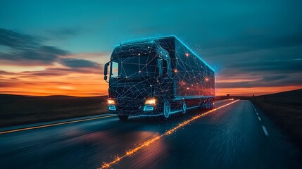 Double Exposure of Trucks with Modern Technology and Logistics Theme 