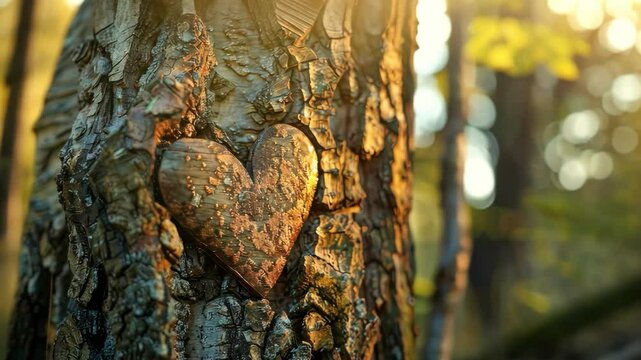 A tree with a heart carved into it. The heart is made of metal and is surrounded by the tree's bark. Concept of love and warmth, as the heart is a symbol of affection