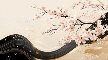 Elegant floral artwork featuring delicate pink blossoms on a branch, set against a backdrop of flowing black and gold waves.