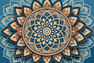 mandala design in golden hues with a beautiful circular pattern on a deep blue background, creating a mesmerizing and elegant wall decor