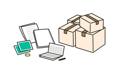 遺品整理や終活中の段ボールと書類のイメージ ベクターセット