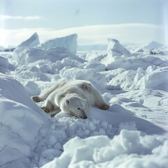 Polar bear with her cub resting in snow bank. Canadian Arctic ar  