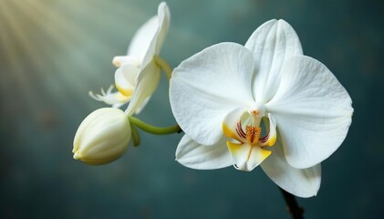 Delicate white orchid blossom, pristine background, stock photo, elegant, fresh