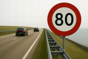 Sign with the speed limit of 80 km/h on a Dutch motorway, behind it cars with motion blur
