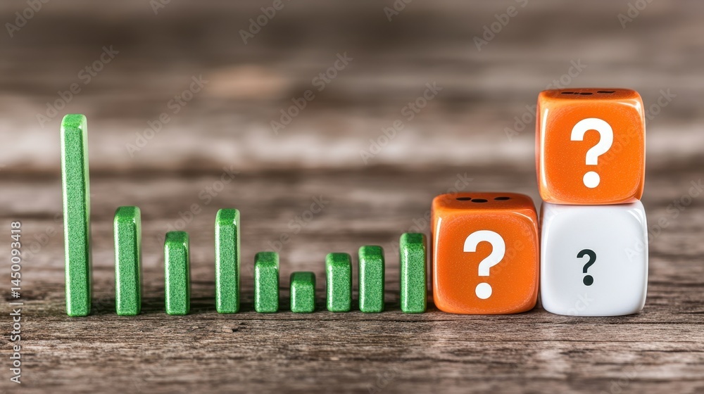 Poster stacked dice with questions mark and rising graph.