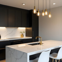 High-resolution stock photo of a sleek, modern kitchen with white marble counter tops featuring subtle veining patterns, matte black cabinets with a soft, fingerprint-resistant finish